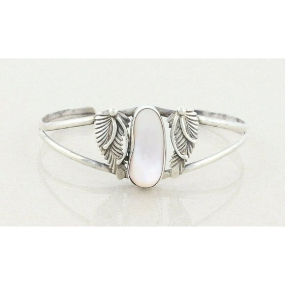 Unbranded Jewelry - Sterling Silver Mother of Pearl Feather Design Cuff Bracelet 6 3/4